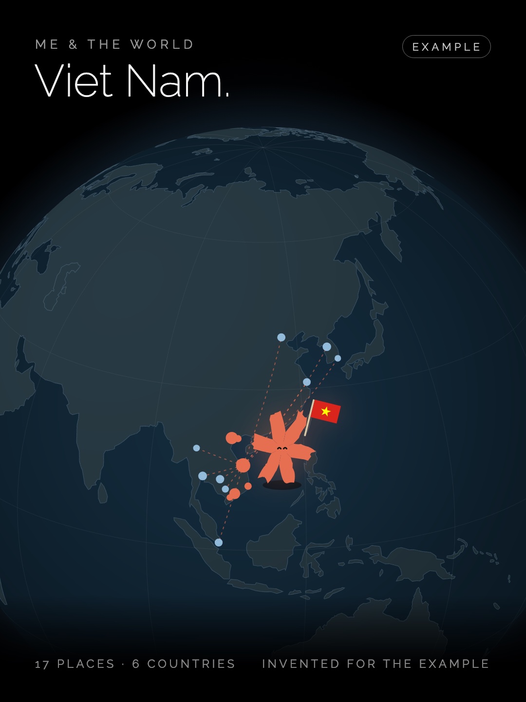 An example Me & The World card: a globe centred on Southeast Asia, invented places in Viet Nam, Cambodia, Thailand, Singapore, South Korea and China joined by dashed lines, and Splat sitting off the coast of Viet Nam, eyes closed and happy, holding its flag.
