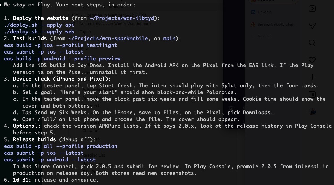 A terminal: next steps, in order. Deploy the website, test builds, a device check on the iPhone and the Pixel, release builds, then October 31: release and announce.